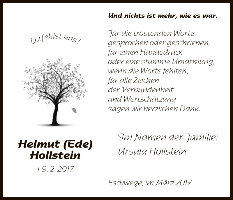  Traueranzeige für Helmut Hollstein vom 08.03.2017 aus Eschwege