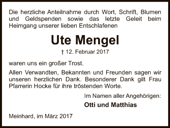 Traueranzeige von Ute Mengel von Eschwege