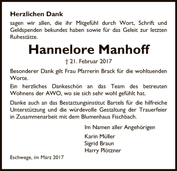 Traueranzeige von Hannelore Manhoff von Eschwege