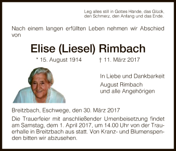 Traueranzeige von Elise Rimbach von Eschwege