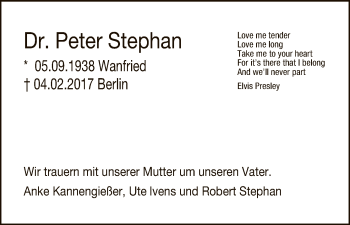 Traueranzeige von Peter Stephan von Eschwege