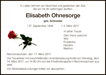 Traueranzeige von Elisabeth Ohnesorge von Eschwege