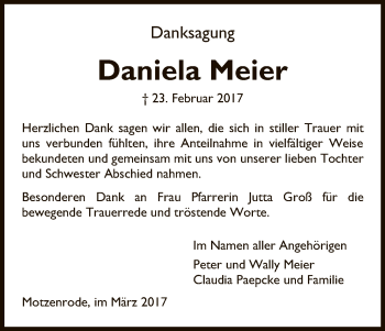 Traueranzeige von Daniela Meier von Eschwege