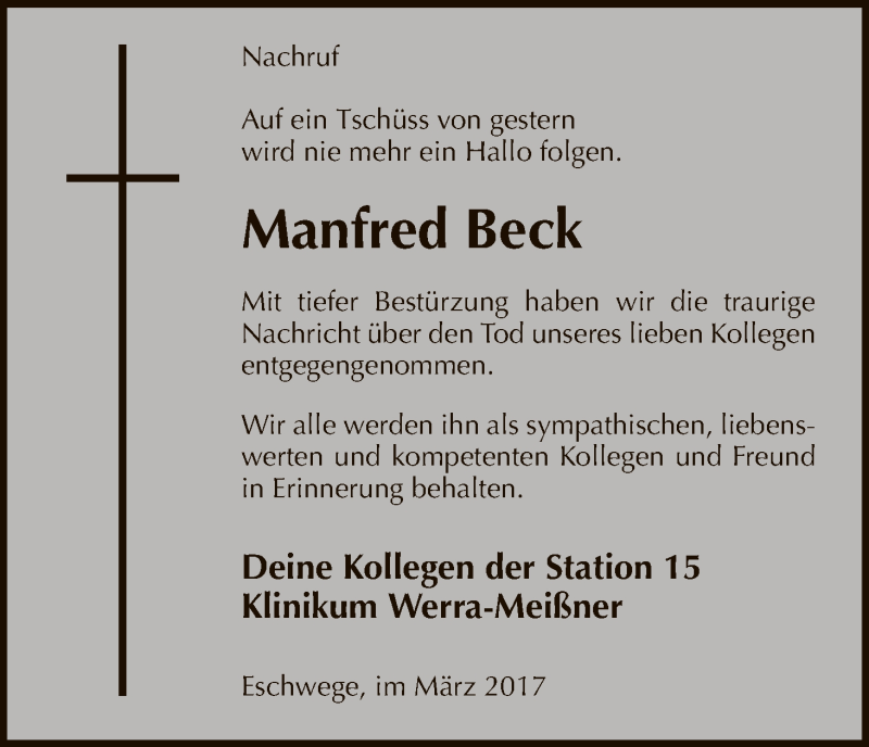  Traueranzeige für Manfred Beck vom 18.03.2017 aus Eschwege