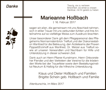 Traueranzeige von Marieanne Hoßbach von Eschwege