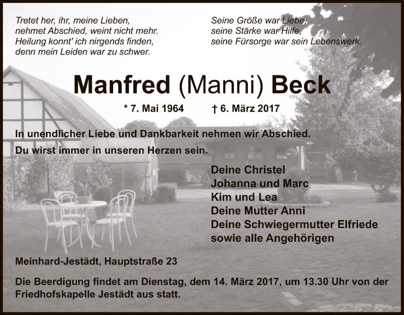  Traueranzeige für Manfred Beck vom 11.03.2017 aus Eschwege