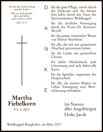 Traueranzeige von Martha Fiebelkorn von Eschwege