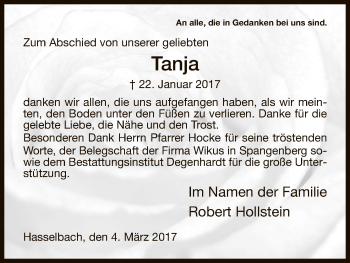 Traueranzeige von Tanja Hollstein von Eschwege