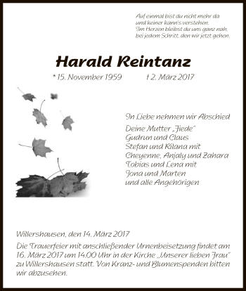 Traueranzeige von Harald Reintanz von Eschwege