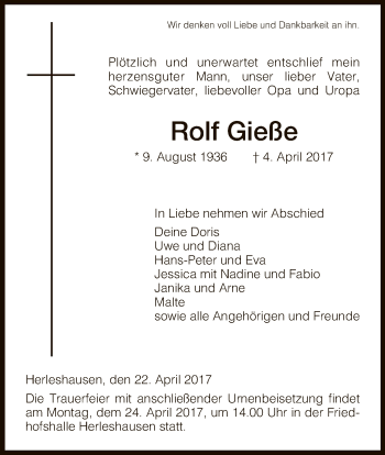 Traueranzeige von Rolf Gieße von Eschwege