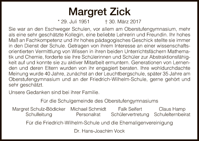  Traueranzeige für Margret Zick vom 01.04.2017 aus Eschwege