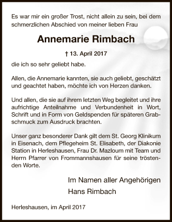 Traueranzeige von Annemarie Rimbach von Eschwege