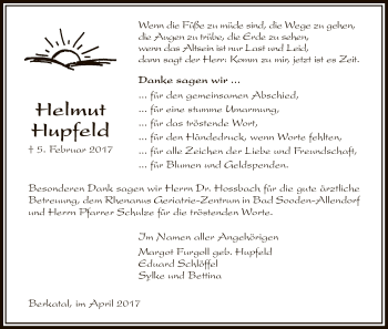 Traueranzeige von Helmut Hupfeld von Eschwege
