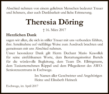 Traueranzeige von Theresia Döring von Eschwege