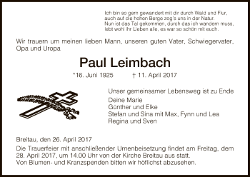 Traueranzeige von Paul Leimbach von Eschwege