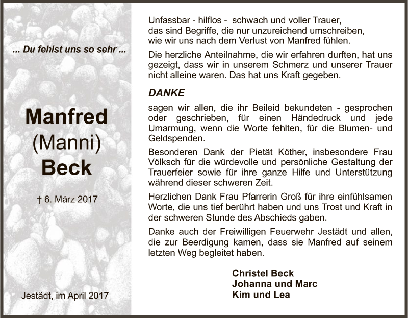  Traueranzeige für Manfred Beck vom 01.04.2017 aus Eschwege