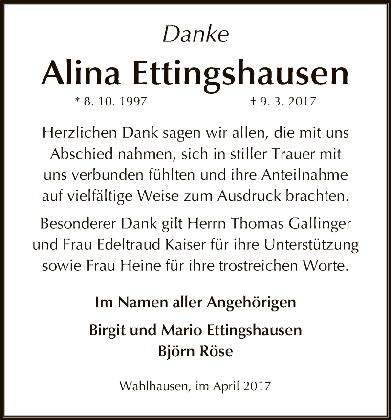 Traueranzeige für Alina Ettingshausen vom 01.04.2017 aus Eschwege