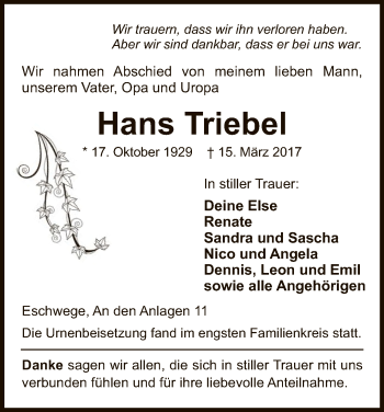 Traueranzeige von Hans Triebel von Eschwege
