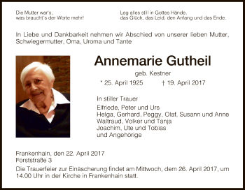 Traueranzeige von Annemarie Gutheil von Eschwege