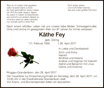 Traueranzeige von Käthe Fey von Eschwege