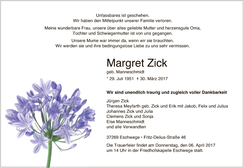  Traueranzeige für Margret Zick vom 01.04.2017 aus Eschwege