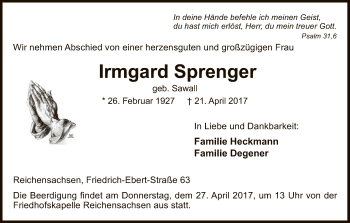 Traueranzeige von Irmgard Sprenger von Eschwege