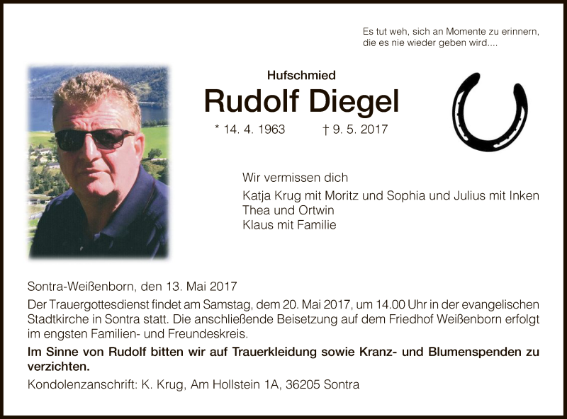  Traueranzeige für Rudolf Diegel vom 13.05.2017 aus Eschwege