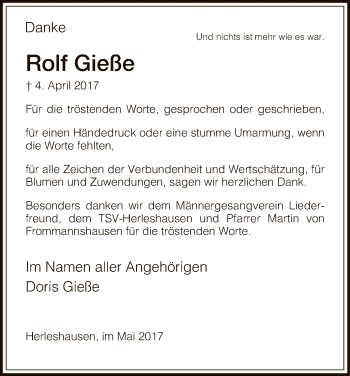 Traueranzeige von Rolf Gieße von Eschwege