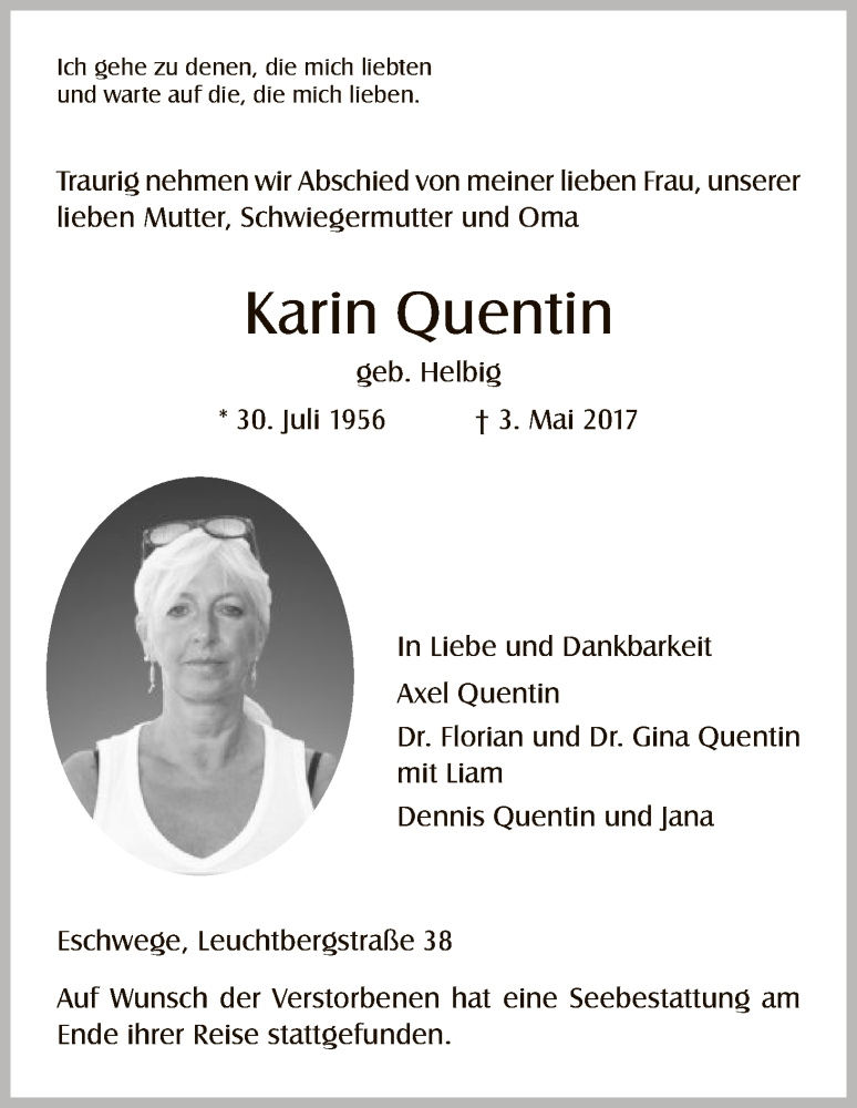  Traueranzeige für Karin Quentin vom 17.05.2017 aus Eschwege
