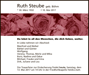 Traueranzeige von Ruth Steube von Eschwege