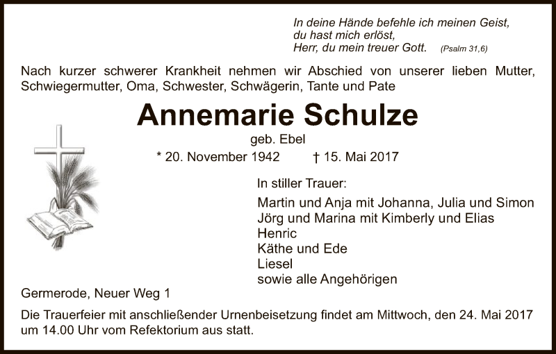  Traueranzeige für Annemarie Schulze vom 20.05.2017 aus Eschwege