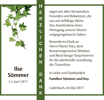 Traueranzeige von Ilse Sömmer von Eschwege