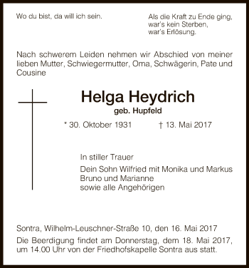 Traueranzeige von Helga Heydrich von Eschwege