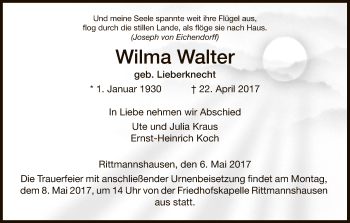 Traueranzeige von Wilma Walter von Eschwege