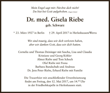 Traueranzeige von Gisela Riebe von Eschwege