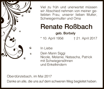 Traueranzeige von Renate Roßbach von Eschwege