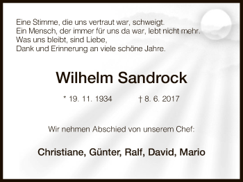 Traueranzeige von Wilhelm Sandrock von Eschwege