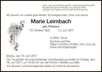 Traueranzeige von Marie Leimbach von Eschwege