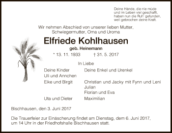 Traueranzeige von Elfriede Kohlhausen von Eschwege