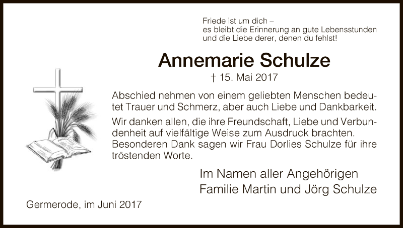  Traueranzeige für Annemarie Schulze vom 17.06.2017 aus Eschwege