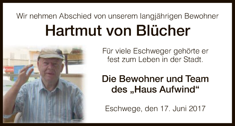  Traueranzeige für Hartmut von Blücher vom 17.06.2017 aus Eschwege