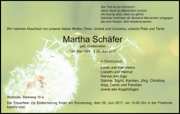 Traueranzeige von Martha Schäfer von Eschwege