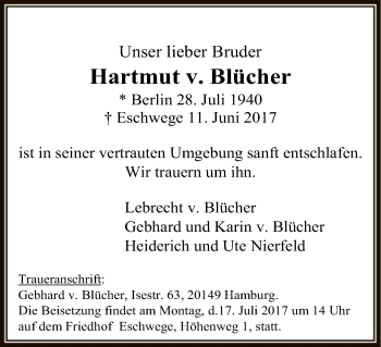 Traueranzeige von Hartmut v. Blücher von Eschwege