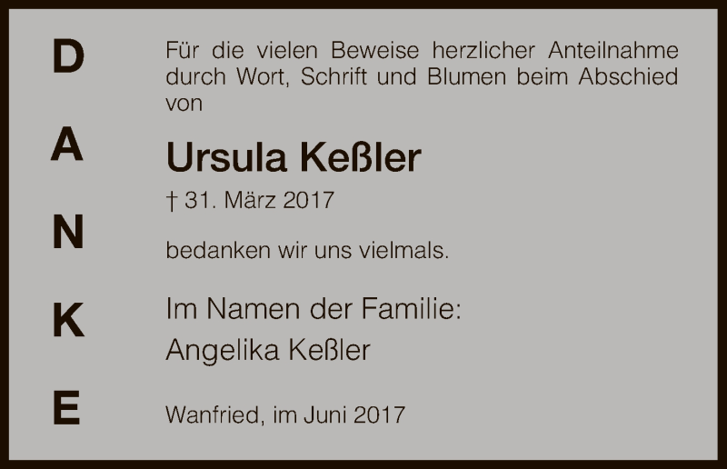  Traueranzeige für Ursula Keßler vom 30.06.2017 aus Eschwege