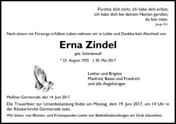 Traueranzeige von Erna Zindel von Eschwege