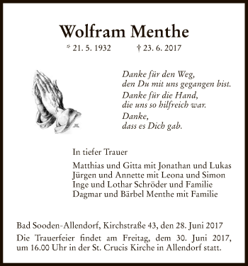 Traueranzeige von Wolfram Menthe von Eschwege