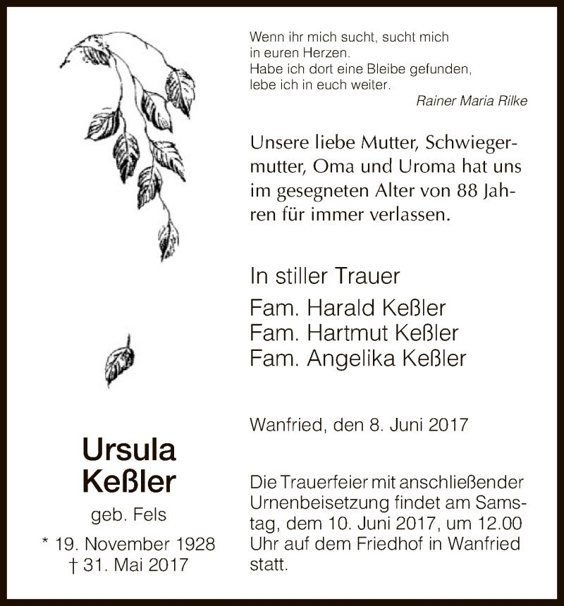 Traueranzeige für Ursula Keßler vom 08.06.2017 aus Eschwege