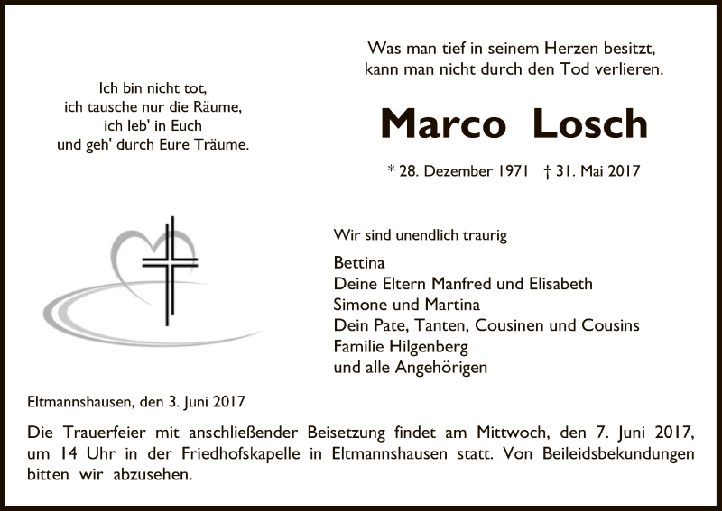  Traueranzeige für Marco Losch vom 03.06.2017 aus Eschwege
