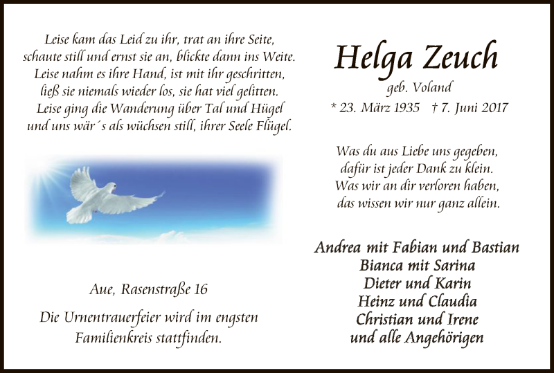  Traueranzeige für Helga Zeuch vom 13.06.2017 aus Eschwege