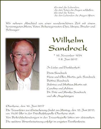 Traueranzeige von Wilhelm Sandrock von Eschwege